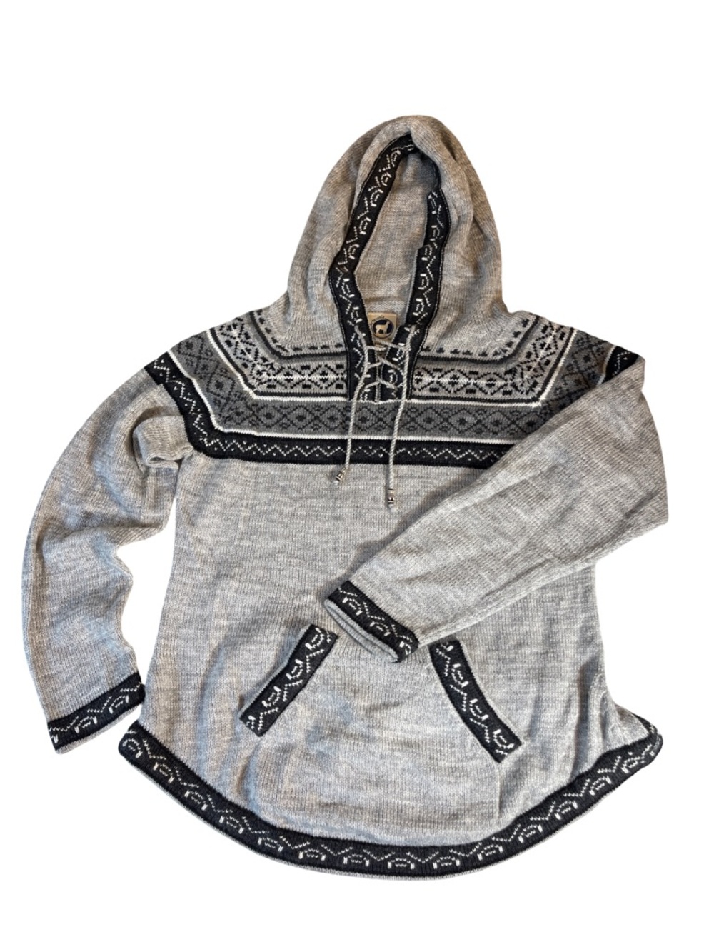 Artesania Peru Alpaca Blend Fair Isle Hooded Sweater - Gray - Size Medium